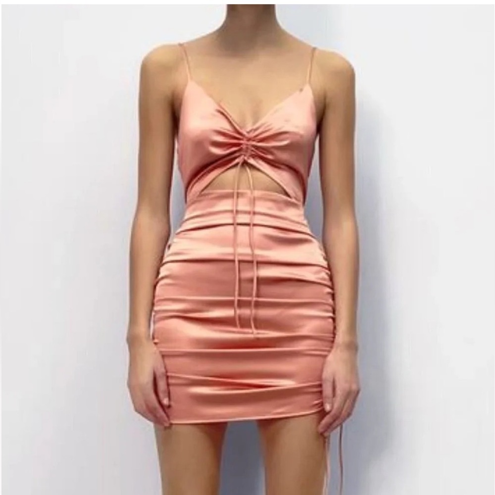 Zara Peach Satin Ruched Cutout Mini Dress